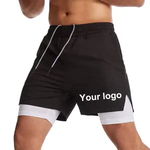Özel Logo erkek boş 2 In 1 kaplı atletik spor şort sıkıştırma Mens koşu şort