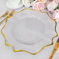 Assiette de présentation en verre transparent à bord doré pour mariage, avec motif tournesol unique et bord ondulé, pour la décoration de table