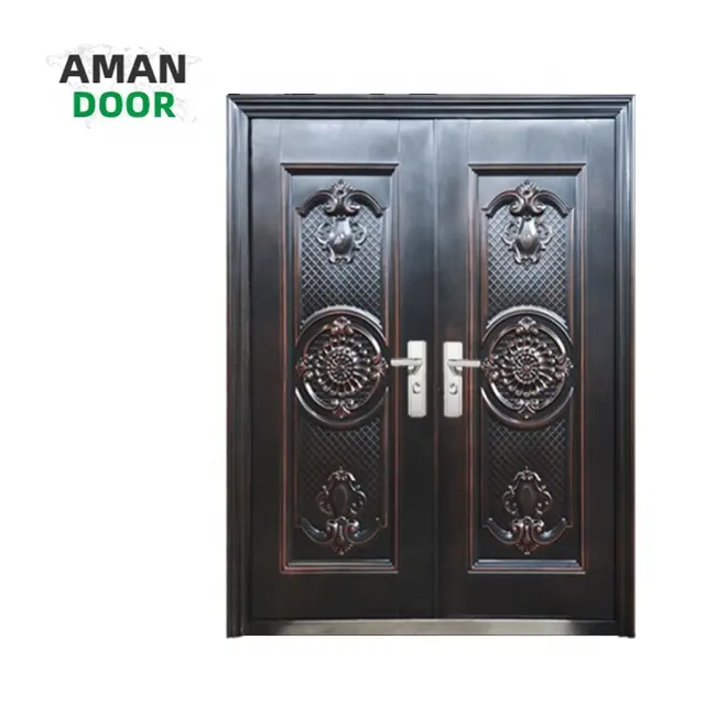 Дверь AMAN, новейший дизайн, Тиковый медный цвет, дизайн, стальные двойные двери для виллы