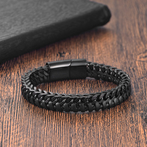 Stylish Genuine <b>Leather</b> <b>Bracelet</b> With 18K PVD Gold Plated 316L Stainless Steel Franco Chain & Magnetic Clasp for Men - Product Image 3