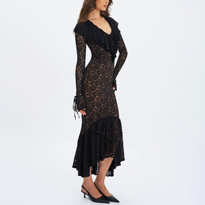 Vestido de Mujer con Patrón de Encaje, Sexy, Transparente, Elegante, Estilo Cola de Pez, Corte Ajustado, Manga Campana, Colección Otoño/Invierno 2026 - Product Image 2