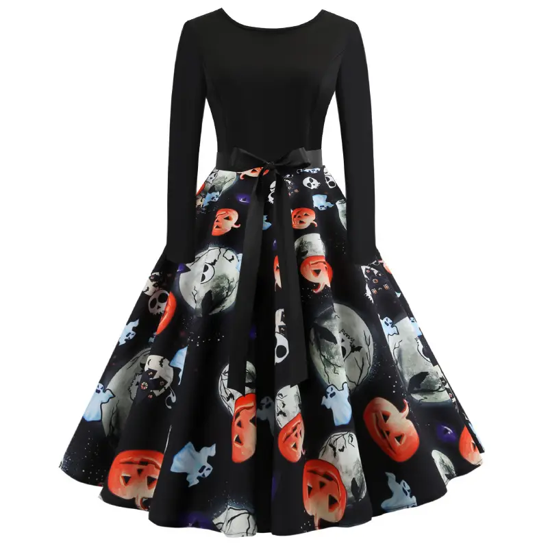 Dames Kerstjurk Winter Lange Mouw Ronde Hals Pompoen Print Halloween Kostuum Feestjurken Casual Vintage Kleding