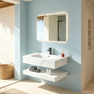 Meuble de salle de bain moderne flottant à double niveau en marbre avec plan de travail en pierre frittée, vasque en céramique et <span class=keywords><strong>miroir</strong></span> LED <span class=keywords><strong>pour</strong></span> villa - Product Image 4