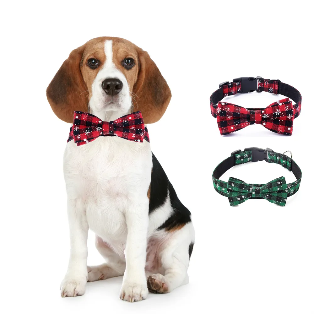 Polyester Pet Collars Red Plaid Pet Accessories Removable Bowtie Dog Pet Collars For Small Medium Big Dog