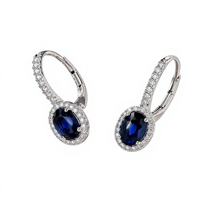 Elegantes Pendientes Colgantes de Oro de 10K con Diamante Natural de 1 Quilate y Zafiro Azul Ovalado con Halo, Joyería Fina de Lujo para Mujer - Product Image 3