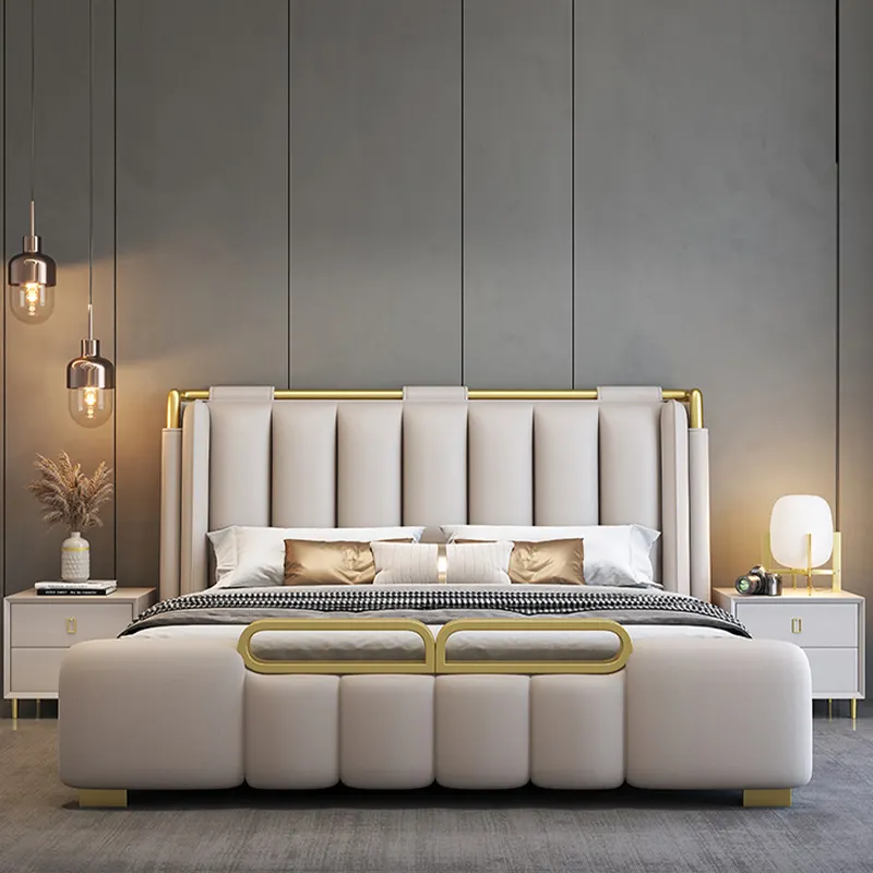 Matériel grand lit en cuir de haute qualité villa modèle chambre logiciel lit chambre principale 1.8m lit de mariage double