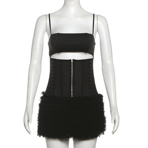 Summer Women's Casual Spaghetti Strap Solid Color Waist-cinching Lace-up Halter Neck Fringe-trimmed Dresses Fashion - Product Image 6