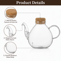 Théière en verre borosilicate de 550 ml avec couvercle en liège naturel, bouilloire à thé transparente résistante à la chaleur, infuseur à café et thé minimaliste