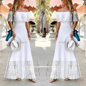 Custom Line-neck Women's Casual Dress Fashion Elegant Lace Patchwork Short Summer Dress