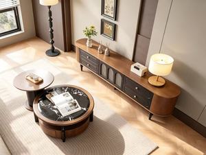 Meuble TV de style mid-century modern avec structure en bois massif et rangement dissimulé pour le salon - Product Image 6