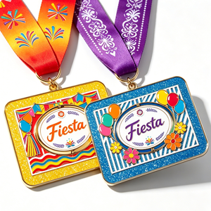 Medalla de Fiesta Rectangular de Aleación de Zinc Bañada en Oro con Esmalte Duro, Temática de Arte Folclórico para Fiestas de Cumpleaños, Premio con Cinta - Product Image 3