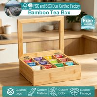 Boîte de rangement pour sachets de thé en bambou avec 12 compartiments et couvercle transparent, support en bois pour sachets de thé pour comptoir de cuisine ou armoire