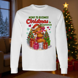 Mind To Business Christmas Is Expensive T-shirt à manches longues avec motif de vache des Highlands, col rond, unisexe, pour adulte, impression numérique - Product Image 3