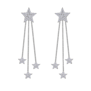 Pendientes Colgantes Personalizados de Plata de Ley con Baño de Oro y Rodio, Diseño de Borlas con Estrellas Pentagonales Súper Brillantes y Moissanita Exclusiva - Product Image 1