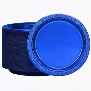 Assiettes jetables rondes en plastique bleu solide de 9 pouces, lot de 50, pour mariages, barbecues, anniversaires et desserts - Product Image 1