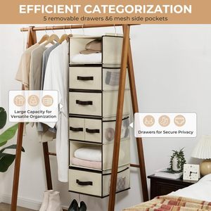 Hanging Closet Organizer <b>6</b> Shelves 5 <b>Drawers</b> <b>6</b> Pockets Fabric Storage For Bedroom Clothing Hook Type - Product Image 5