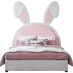 设计现代实木床家具儿童床粉色卧室卡通单皮儿童床女孩