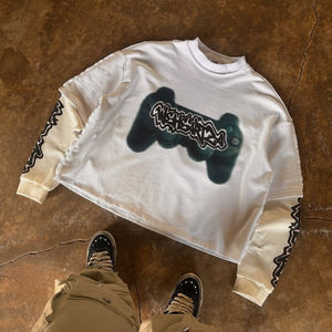 QYOURECLO Personalizado DTG Impressão Francês Terry 450 GSM Algodão Gota Ombro Dupla Camada de Manga Longa T-shirt - Product Image 1