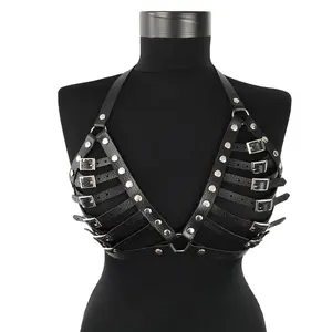 Women Punk Leather Metal Chain Harness Bra Gothic Crop Tops Body Cage Waist Belts Adjust EDC Halloween Festival Rave Costume