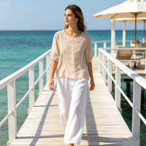 Nouvelle Blouse Décontractée pour Femme en Organza Brodé 100% Viscose, Col Rond, Manches Trois Quarts, Coupe Ample, Style Simple d'Été - Product Image 4