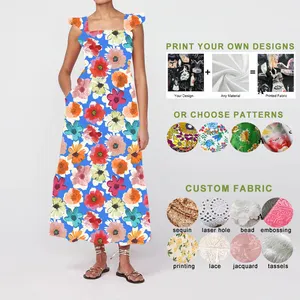 AOXI custom your design gather white and blue flower printing linen maxi dress ladies women plus size floral dresses women