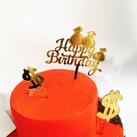 Wiederverwendbare Umweltfreundliche Moderne Acryl-Kuchendekoration Doppelschichtige Relief-Geldbeutel Dollarzeichen Happy Birthday Kuchenverzierung