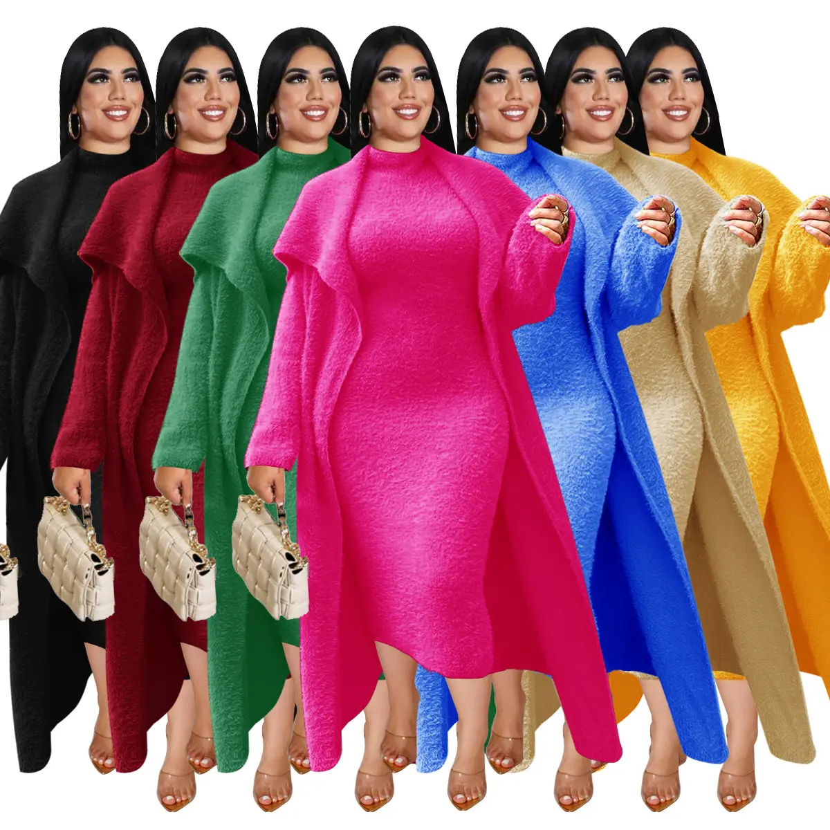 2023 Spring Women Casual Plus Size Solid Color 2 Piece Set Dresses Long Sleeve Cardigan Dress Velvet 2 Piece Set