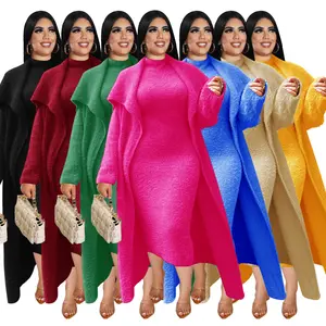 2024 Spring Women Casual Plus Size Solid Color Two Piece Set Dresses Long Sleeve Cardigan Dress Velvet 2 Piece Set