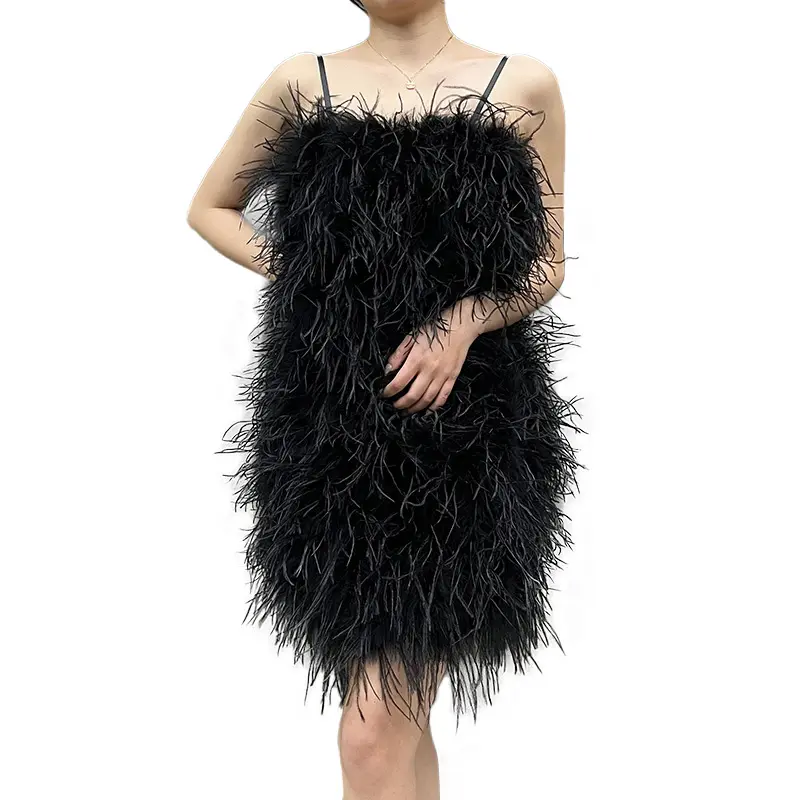 New Style Long Elegant Party Evening Feather Fur Dress Women Long Black Ostrich Feather Dress