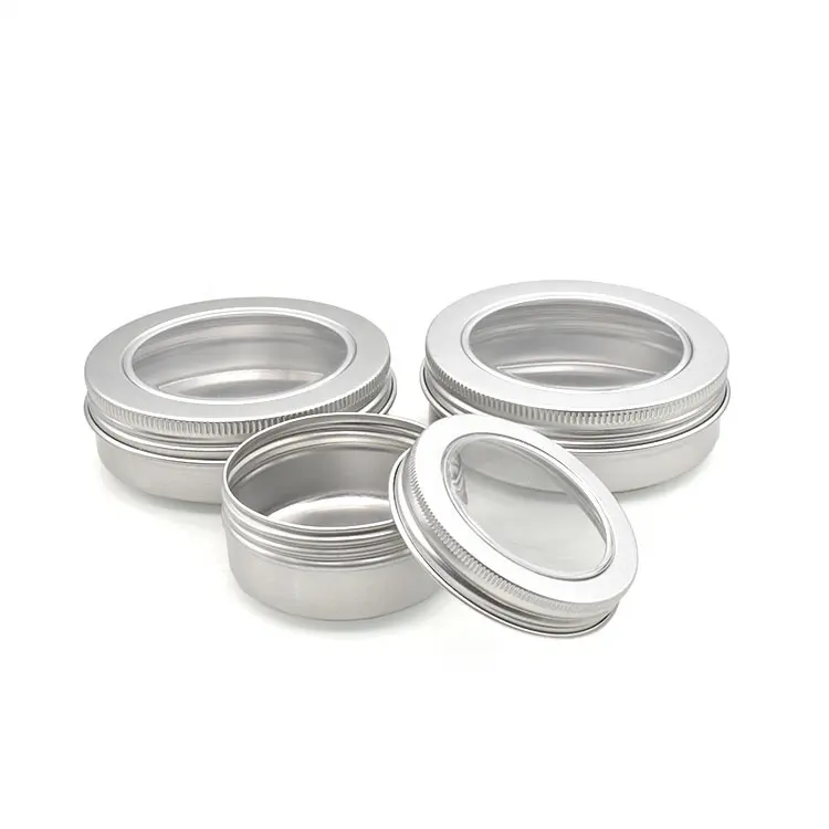 Cosmetic metal screw jar tin 30ml 60ml 80ml 100ml 150ml silver aluminum storage container can with clear PVC window lids
