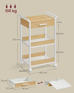 Carro de almacenamiento de baño VASAGLE con cajón superior Carro utilitario rodante de 3 niveles con carros de barra de mesa Carro rodante - Product Image 5