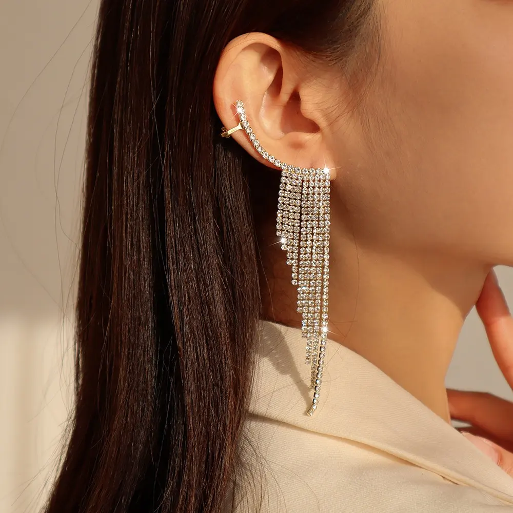 Luxury Simple Silver Wedding Diamond Crystal Rhinestone Fringe Long Tassel Chain Earrings for Women