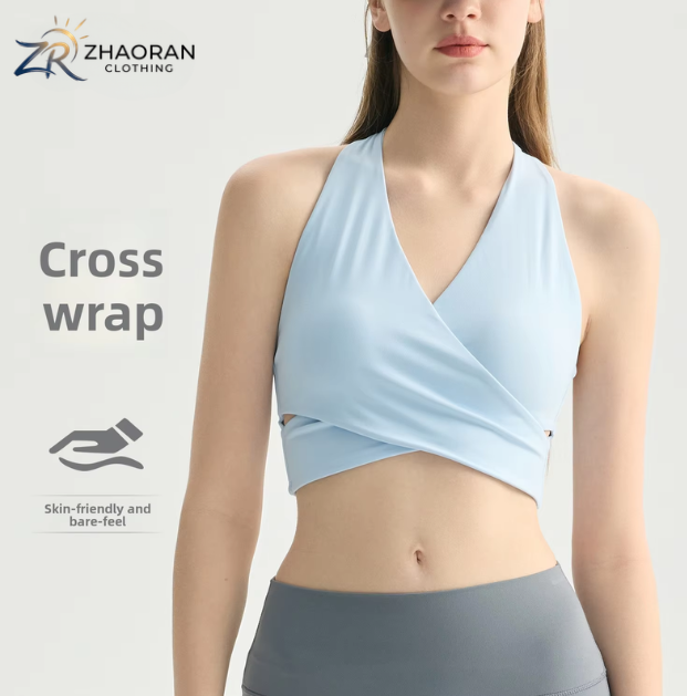 Cross V-Neck Halter Yoga Sports Bra for Women with High Support Breathable Crisscross Straps and Chest Pads