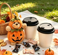 Décoration de tasse à café en peluche ours citrouille mignon pour la table d'Halloween