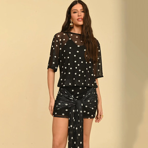 Polka Dot Women's Short Skirt O-Neck Translucent Pleated Wrap Tie-Up Cocktail Dress Natural Waistline Yiwu Origin - Product Image 1