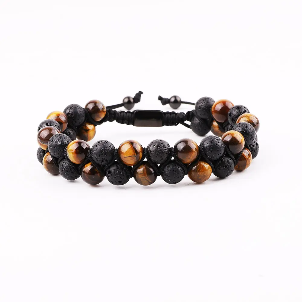 Jewelry Mens Bracelet Manufacturer Lava Rock Tiger Eye Energy Oil Diffuser Double Layer Braided Natural Stone Bracelet For Men