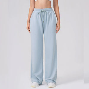 Pantalon de survêtement d'entraînement Pantalon de yoga taille haute à jambe large avec cordon de serrage - Product Image 1