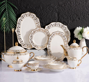Vajilla y Juego de Té de Porcelana Fina, Color Blanco con Diseño Floral Dorado, Borde Festoneado, Plato, Tazón, Tetera, Regalo para Bodas y Hoteles - Product Image 6