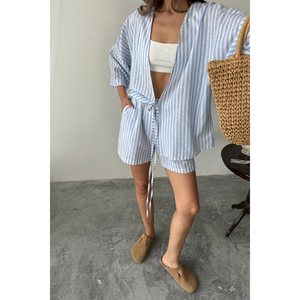 Conjunto de Túnica y Pantalones Cortos a Rayas Azules para Mujer, Nuevo Conjunto de Dos Piezas Ajustado por Encima de la Rodilla para Verano - Product Image 5