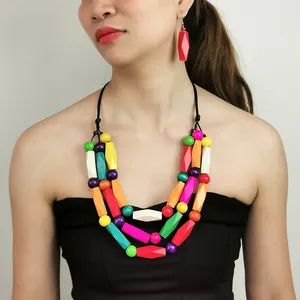 Retro ethnic style colorful wooden jewelry set handmade multi-layer geometric beads necklace earrings set Boho accessories