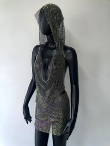 STOCK Trend <strong>Fishnet</strong> Women Two Pieces Set Sparkle V-NECK <strong>Top</strong> With Hoodie Blingbling Skirt See Through Club Party Wearing - Product Image 3