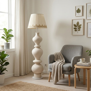 French Cream Style Gourd Sculpture Floor Lamp Rough Texture <b>Standing</b> Lamp Lace Trim Pleated Shade Home Decor Light - Product Image 1