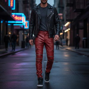 Pantalon de jogging décontracté en cuir pour homme, brodé, coupe droite, tissu personnalisé, ajustement régulier, coupe slim, braguette boutonnée - Product Image 3
