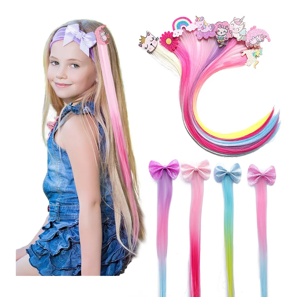 Çocuklar Glitter kızlar saç parçası aksesuarları klip saç uzatma çocuk Unicorn peruk yay firkete klipler saç ekleme
