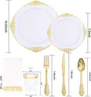 Ensemble de vaisselle jetable en plastique blanc et or de 175 pièces comprenant 50 assiettes dorées, 75 couverts, 25 gobelets, 25 serviettes