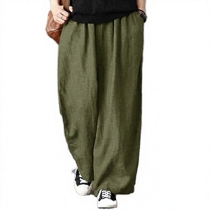 Pantalon large en coton et lin pour homme, taille haute, coupe ample, respirant, pour l'été, avec cordon de serrage, couleur unie, décontracté - Product Image 1