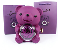 Boîte à bijoux rotative en acrylique en forme d'ours en peluche avec fleur préservée - Cadeau éternel pour la Saint-Valentin pour de multiples occasions