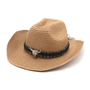 Wholesale Western Style Cowboy Hat Sun Protection Sunshade Tibetan Ethnic Style Hat Cow Head Straw Cowboy Hat