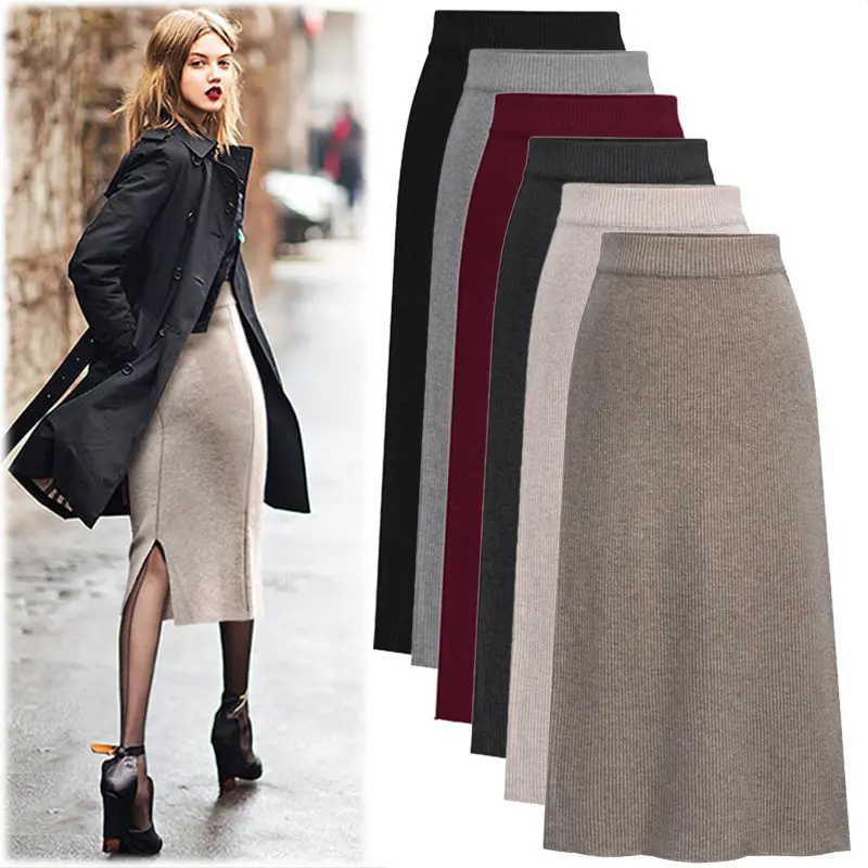 Clothing wholesale Wool skirt women's mid-length spring slit high waist plus size woolen knit skirt women