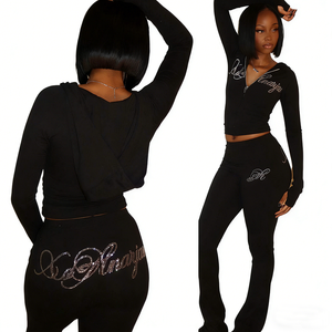 Sonbahar 2025 işlemeli Logo ceket gömlek tayt Flare pantolon eşofman kadın iki parçalı sıska Fit seti - Product Image 1